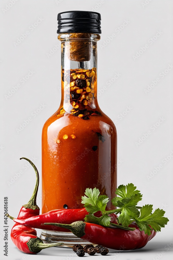 Spicy Hot Sauce Bottle with Red Chilies and Green Cilantro on a Light Gray Background