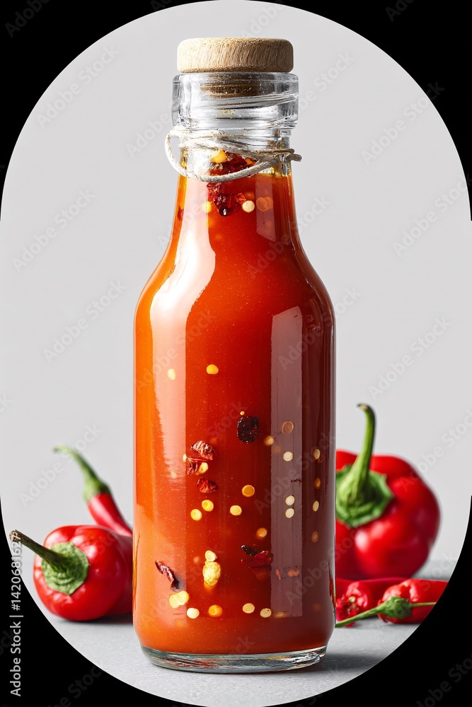 Spicy Hot Sauce in Glass Bottle with Fresh Red Chilies on a Light Background