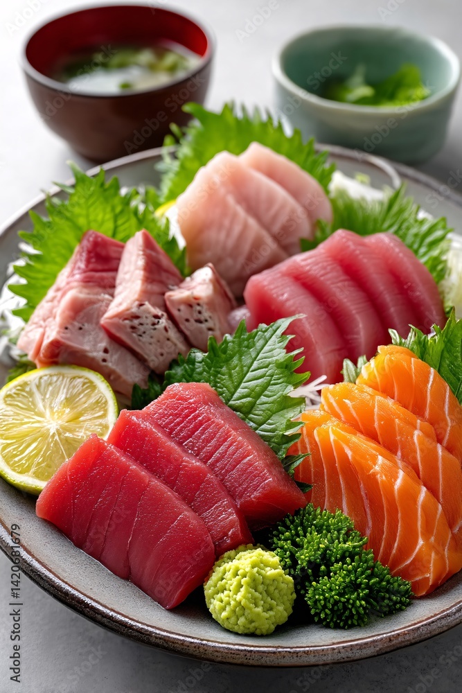 Fresh Assorted Sushi Platter with Wasabi and Lemon on Gray Marble Background