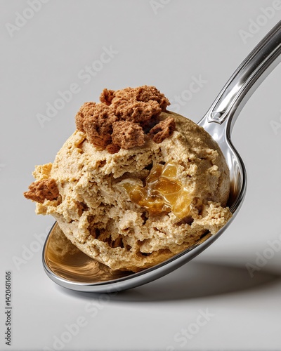 Obraz na płótnie Delicious Creamy Dessert with Sweet Cookies on a Silver Spoon Against a Simple Background w salonie