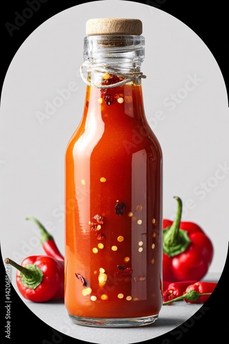 Obraz na płótnie Spicy Hot Sauce in Glass Bottle with Fresh Red Chilies on a Light Background w salonie