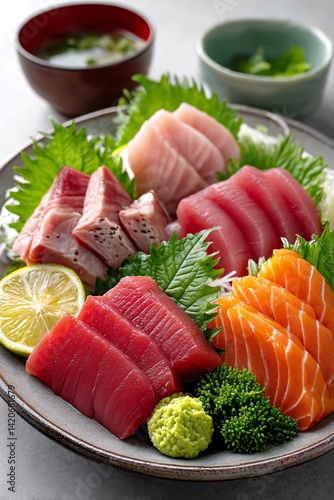 Fresh Assorted Sushi Platter with Wasabi and Lemon on Gray Marble Background
