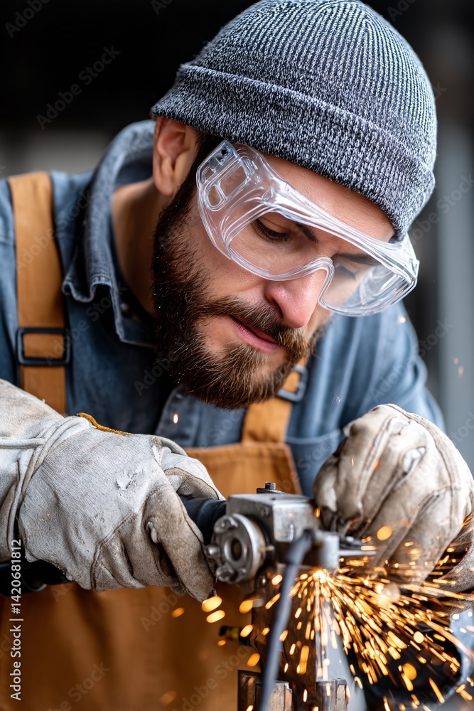 Focused Craftsman Working with Grinder Sparks Creating Dynamic Workshop Environment