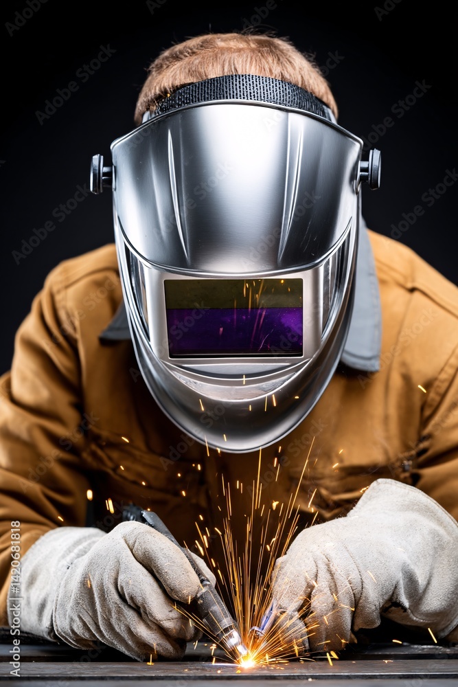 Skilled Welder in Protective Gear Creating Sparks with Welding Torch on Dark Background