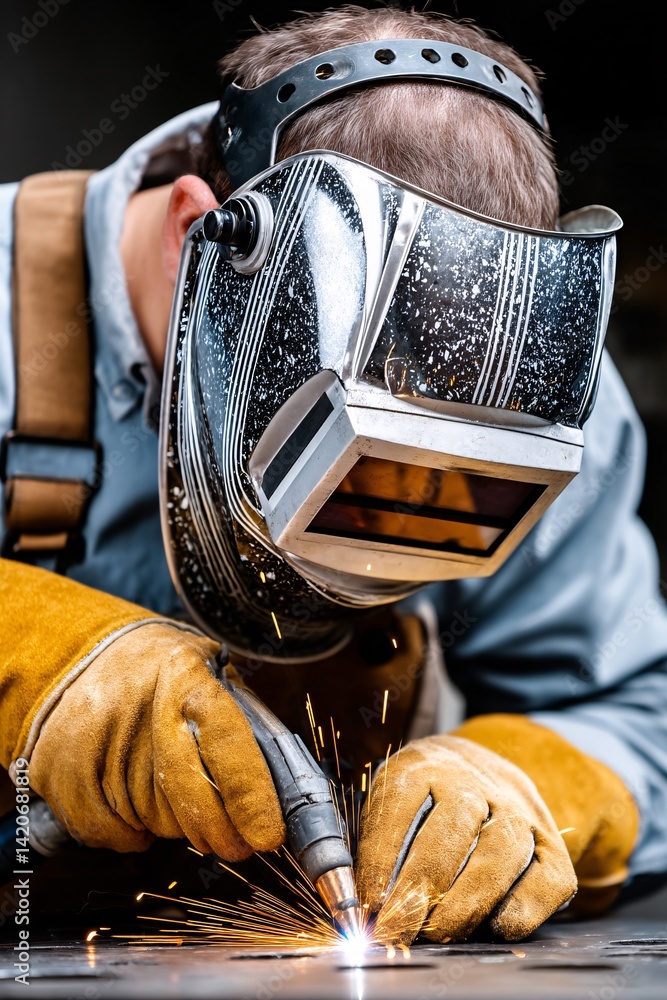 Skilled Worker with Welding Mask and Gloves Performing Metalwork Process with Sparks Flying