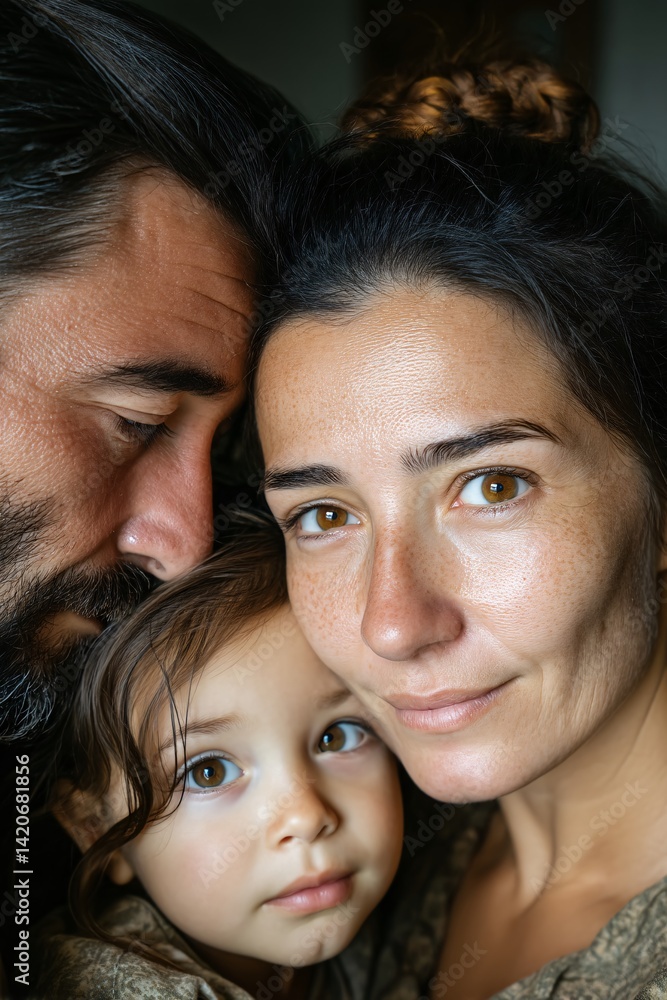 Family Portrait with Loving Parents and Child in Natural Light, Close-Up Shot of Emotions