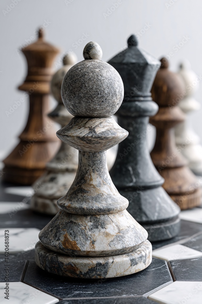 Elegant Stone Chess Pieces on a Marble Board with Soft Lighting and Selective Focus