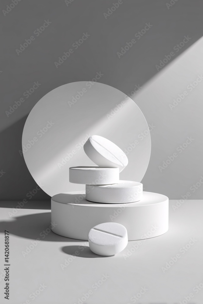 Minimalist Composition with White Cylinders and Round Shapes on Gray Background