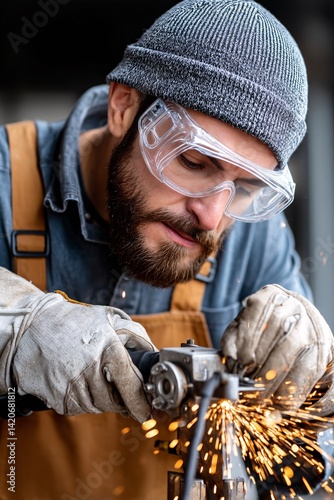 Obraz na płótnie Focused Craftsman Working with Grinder Sparks Creating Dynamic Workshop Environment w salonie