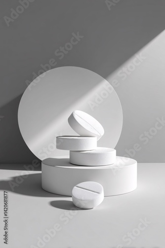 Obraz na płótnie Minimalist Composition with White Cylinders and Round Shapes on Gray Background w salonie