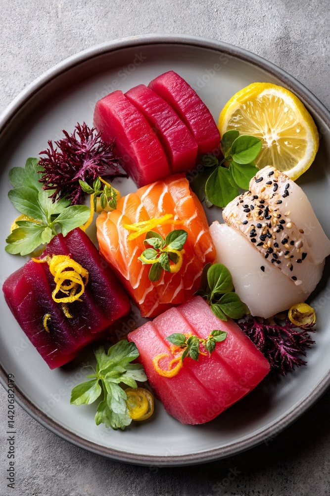 Assorted Sushi Plate with Fresh Fish and Colorful Garnishes for Culinary Presentation