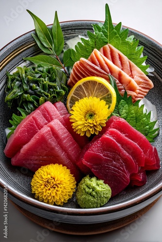 Fresh Sashimi Platter with Tuna Salmon Wasabi and Garnishes on Rustic Bowl