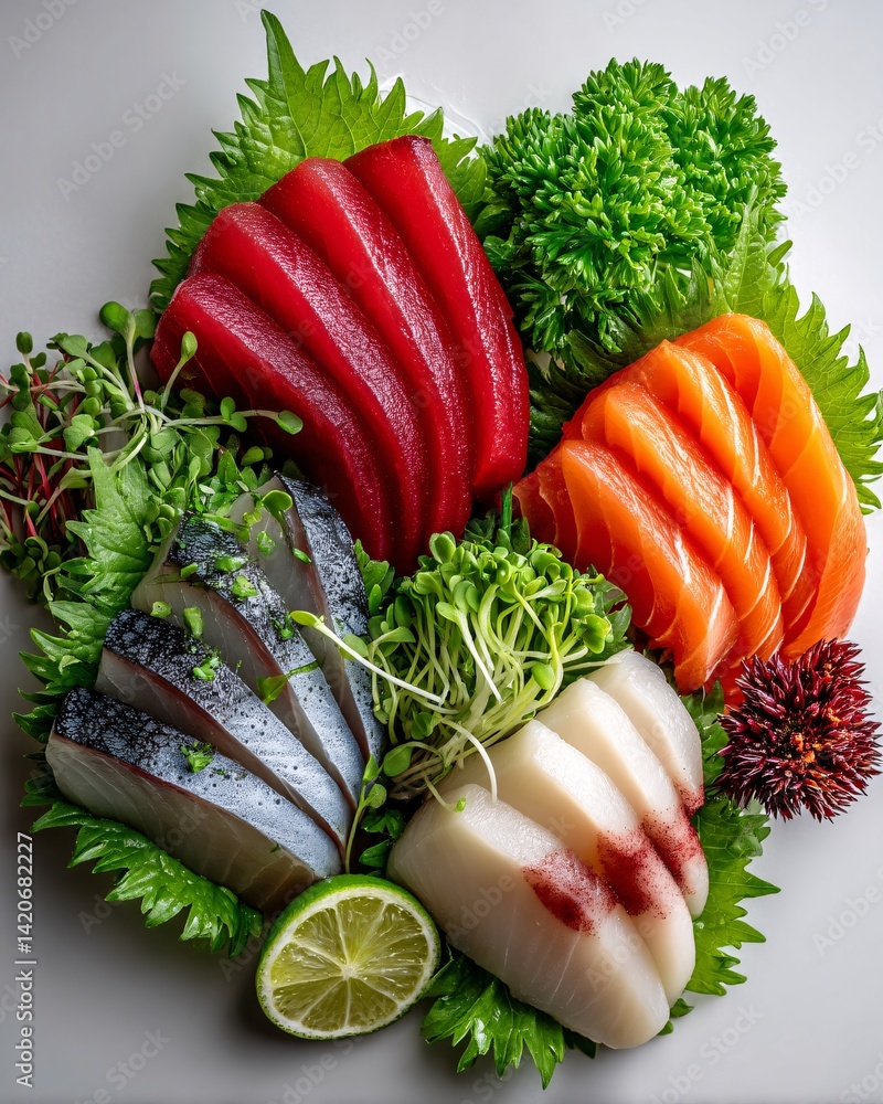 Freshly Prepared Sashimi Platter with Assorted Fish and Garnishes Ready for Culinary Delight