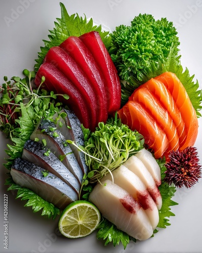 Obraz na płótnie Freshly Prepared Sashimi Platter with Assorted Fish and Garnishes Ready for Culinary Delight w salonie