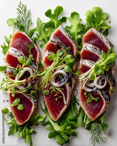 Obraz na płótnie Freshly Sliced Tuna with Green Garnish on a White Plate for Culinary Presentation w salonie