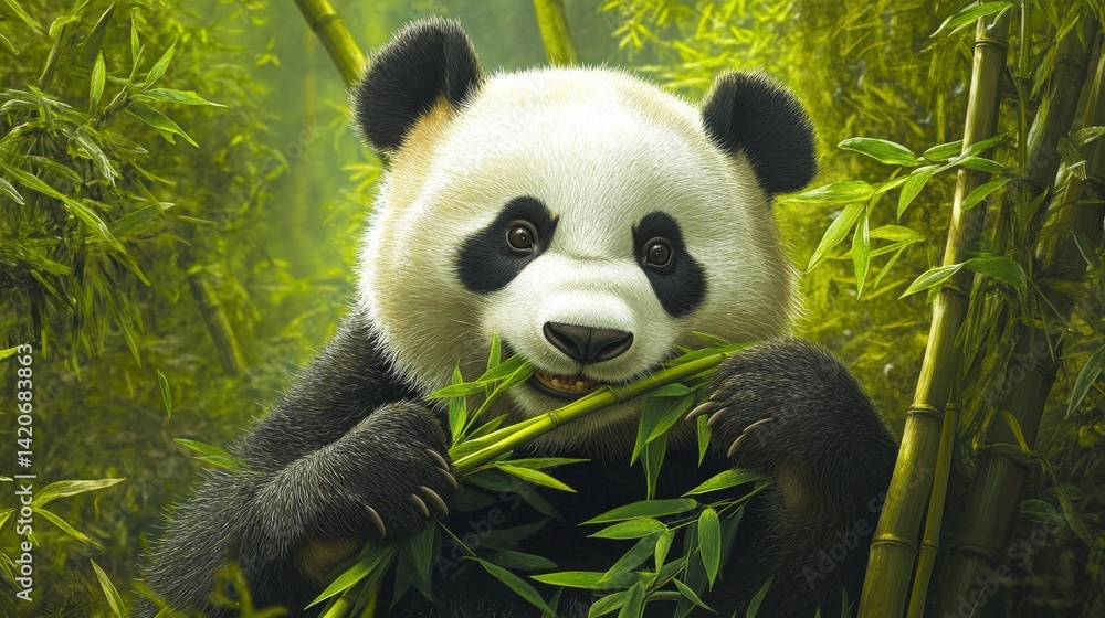 Obraz premium A large panda bear happily eats some fresh bamboo shoots
