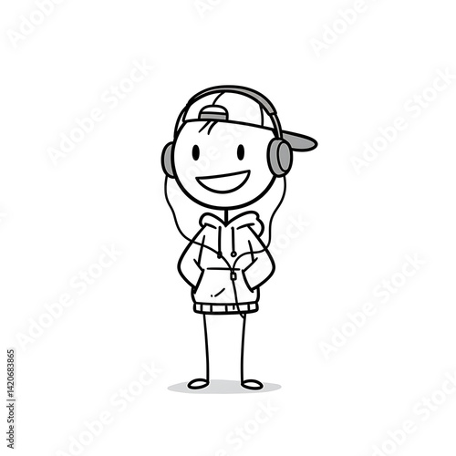 Stick Figure Listening to Music, Wearing Hoodie and Baseball Cap Backwards.