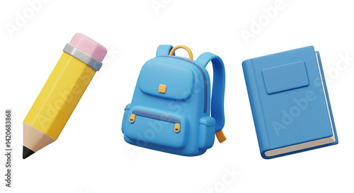 3D illustration of school stationery including pencil, backpack, and notebook isolated on white background, representing back to school, education tools, and academic supplies for students