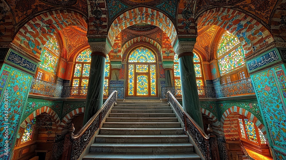 Obraz premium Majestic interior of a colorful palace with ornate arches and stained glass