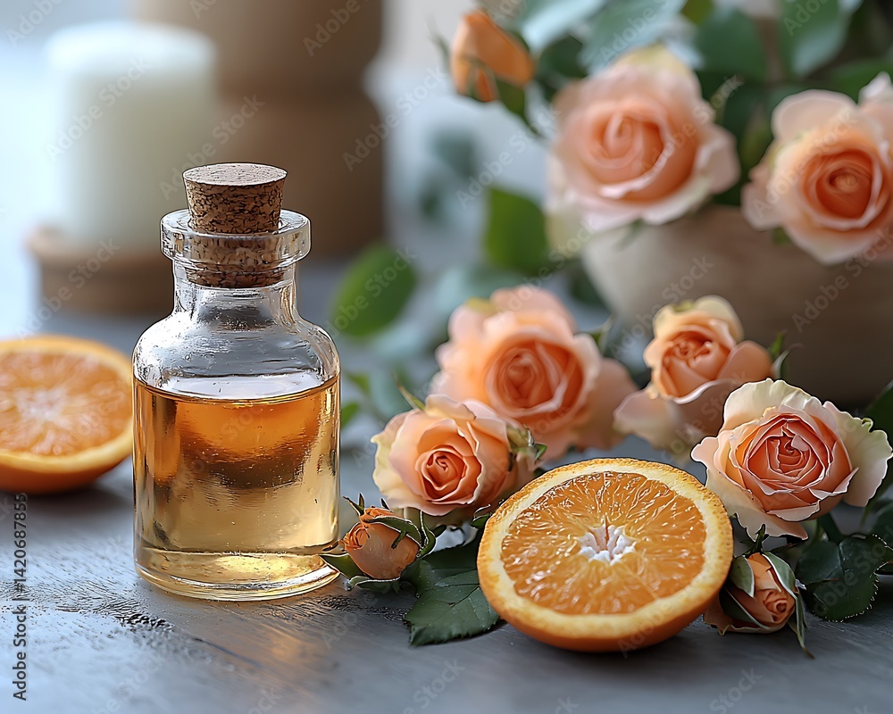 Aromatic essential oil, orange slices, and roses Aromatic essential oil, orange slices, and roses