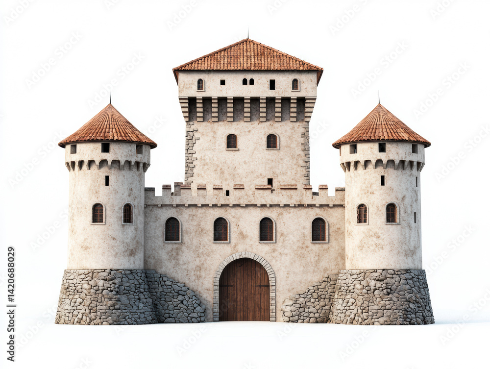 A detailed medieval castle featuring stone walls, towers, and a wooden gate, set against a plain background, showcasing classic architectural design. A detailed medieval castle featuring stone walls, towers, and a wooden gate, set against a plain background, showcasing classic architectural design.