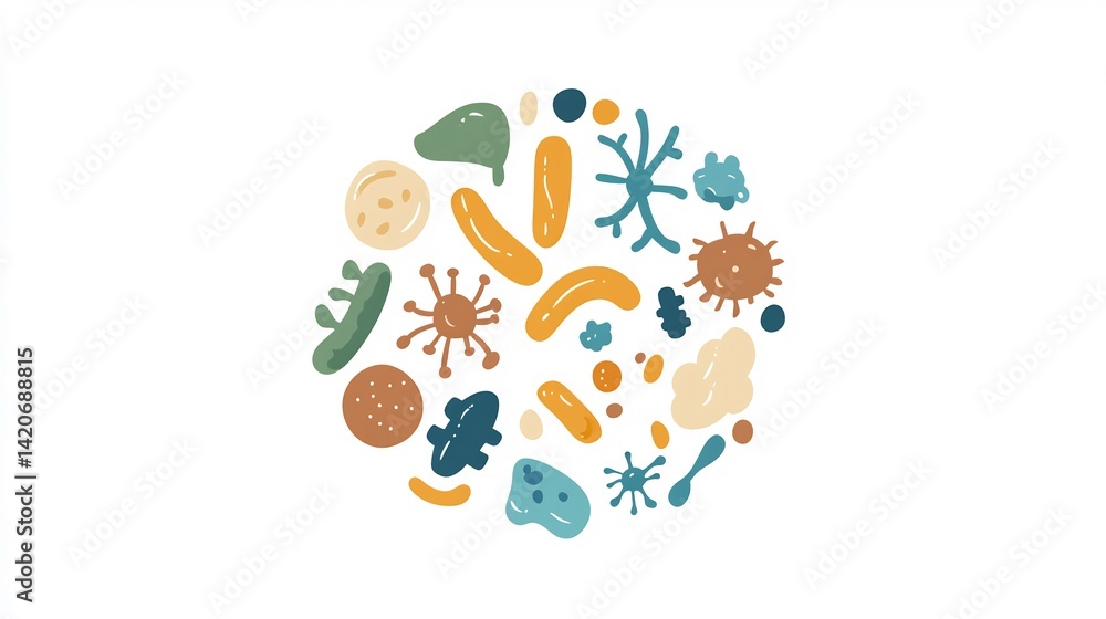 hand drawn style microbiology chart with stylized bacteria, viruses, fungi, protozoa in circular hand drawn style microbiology chart with stylized bacteria, viruses, fungi, protozoa in circular