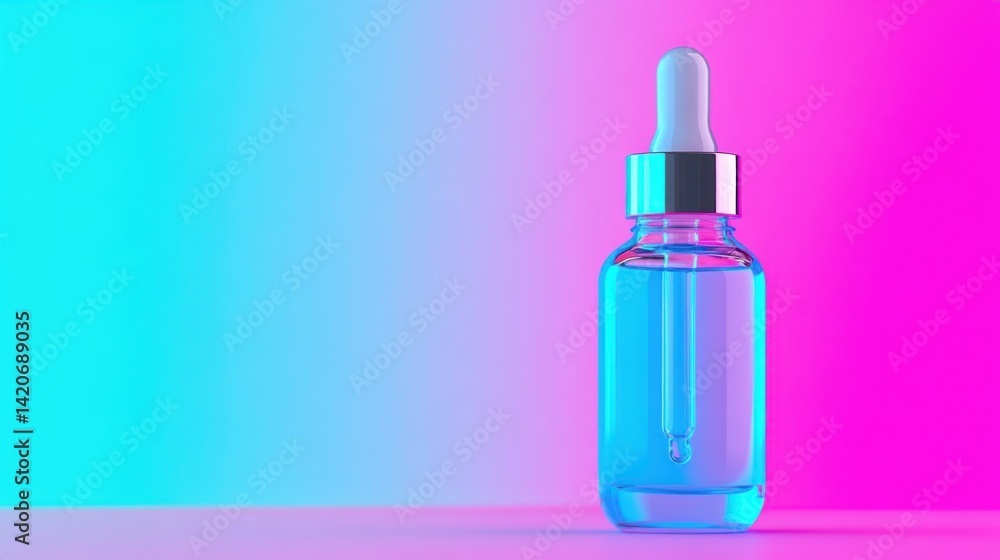 A glass serum bottle with dropper stands on a colorful surface A glass serum bottle with dropper stands on a colorful surface