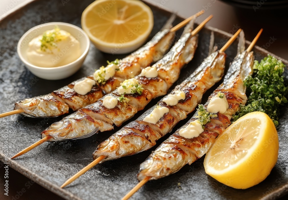 Grilled Fish Skewers with Lemon and Sauces Served on a Black Plate for a Delicious Culinary Experience in Asian Cuisine Grilled Fish Skewers with Lemon and Sauces Served on a Black Plate for a Delicious Culinary Experience in Asian Cuisine