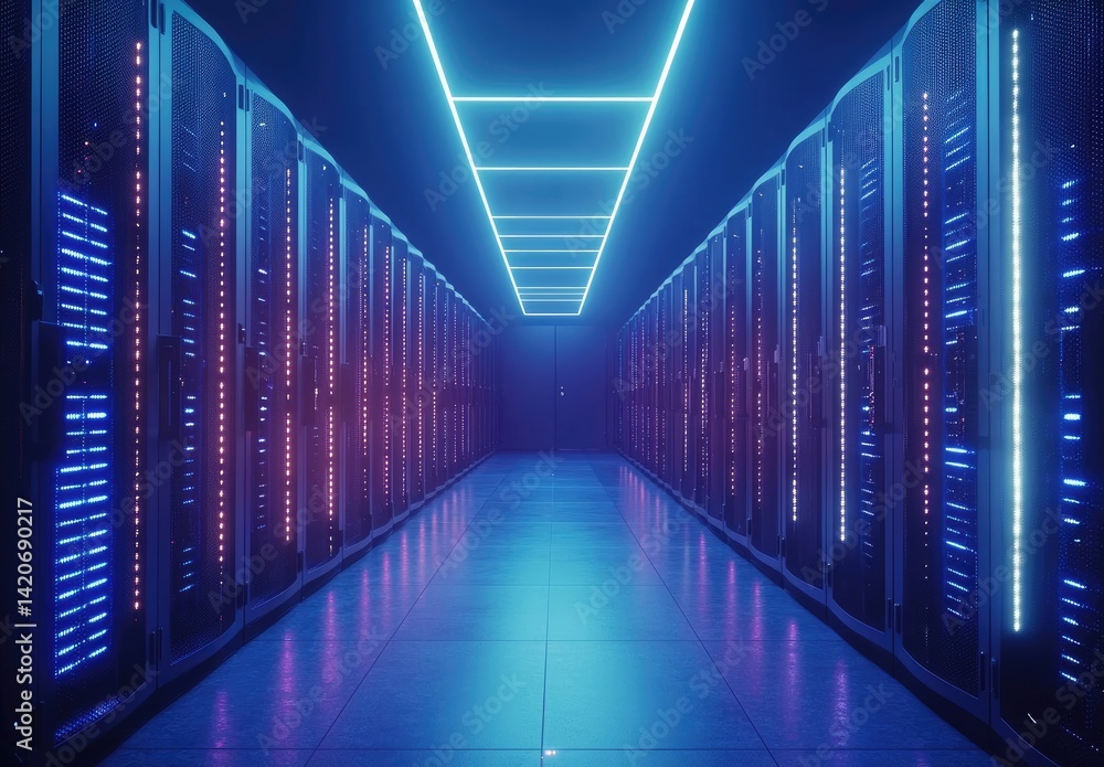 Fototapeta premium Bright futuristic server room with glowing violet, blue, and white lights under a geometric ceiling. Great for IT ads, tech branding, data management, and cloud infrastructure visuals