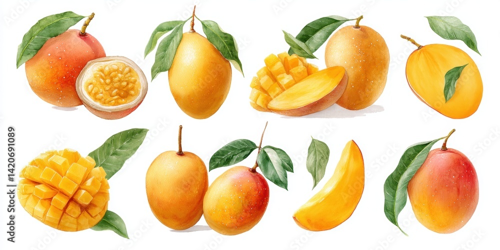 Assorted ripe mangoes with green leaves and sliced pieces on a white background, bright natural lighting. Assorted ripe mangoes with green leaves and sliced pieces on a white background, bright natural lighting.