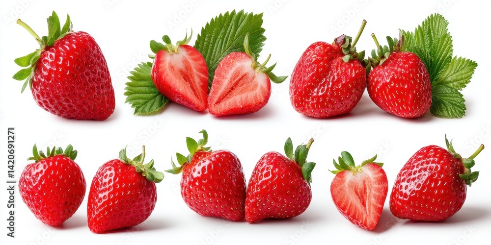 Close-up of ripe red strawberries with green leaves on a clean white background, natural fresh fruit. Close-up of ripe red strawberries with green leaves on a clean white background, natural fresh fruit.