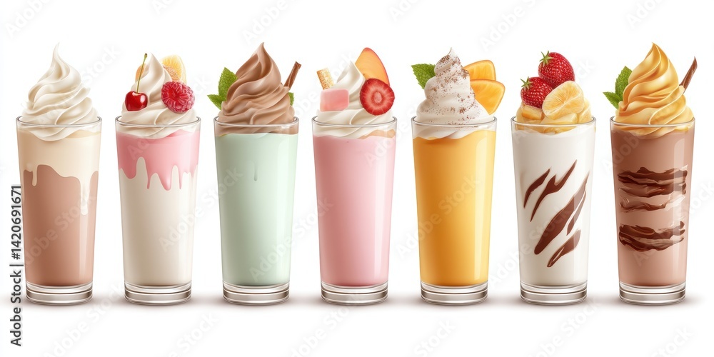 Glass carafes filled with colorful ice cream and fresh fruit slices on a white background.