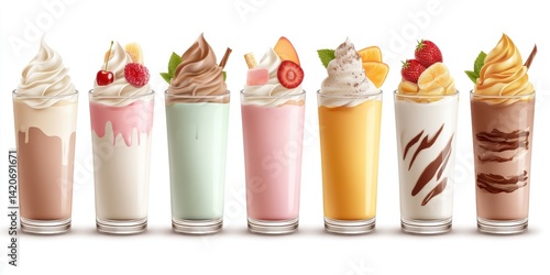 Obraz na płótnie Glass carafes filled with colorful ice cream and fresh fruit slices on a white background. w salonie