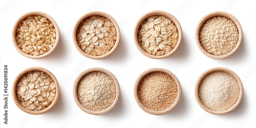 Close-up of multiple colorful cereal bowls on a white surface with bright natural lighting.