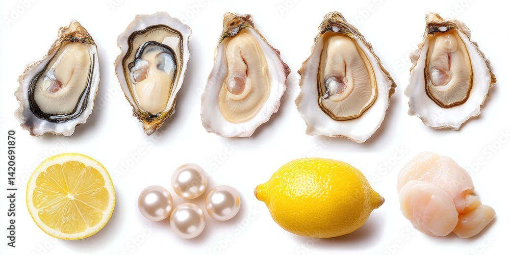 Fresh oysters and bright yellow lemons arranged on a rustic wooden table, natural daylight setting.