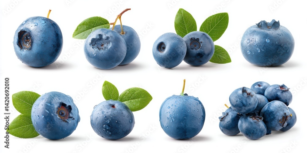 Close-up of ripe blueberries with green leaves on a white background, perfect for food and nature themes.