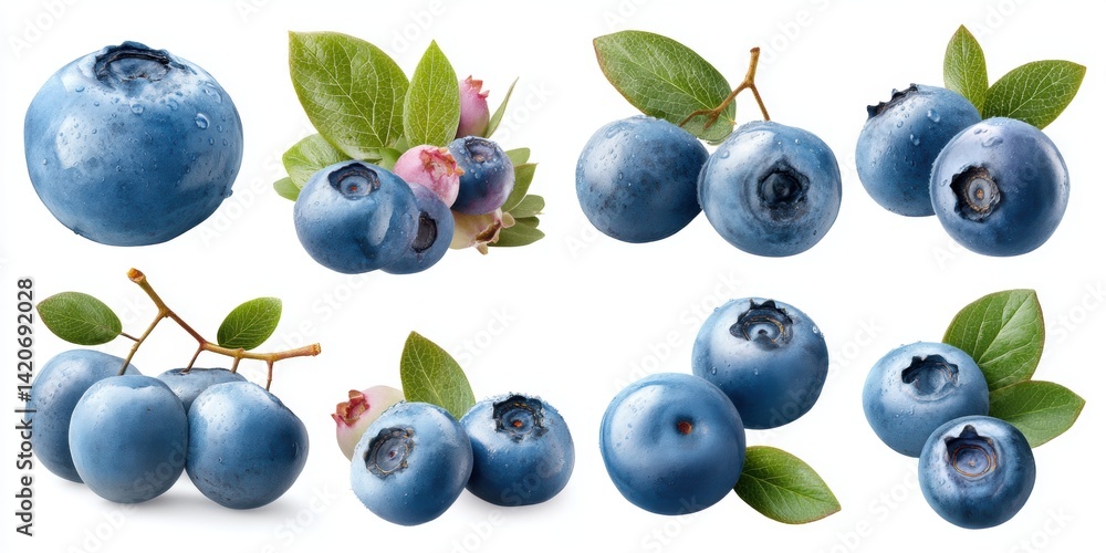 Close-up of fresh blueberries with green leaves on a clean white background, perfect for healthy food themes.