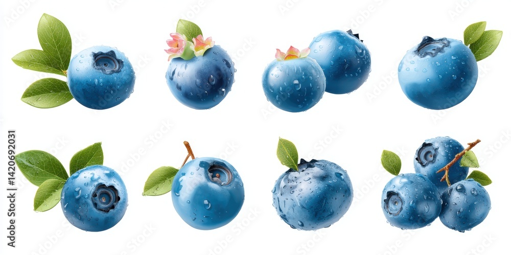 Close-up of fresh blueberries with green leaves and water droplets on a white background.