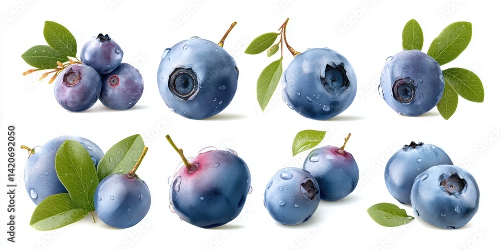 Close-up of ripe blueberries with green leaves on a white background, ideal for fresh food themes.