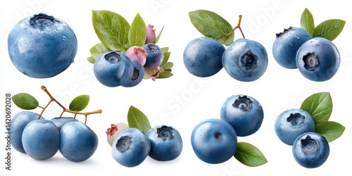 Obraz na płótnie Close-up of fresh blueberries with green leaves on a clean white background, perfect for healthy food themes. w salonie