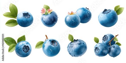 Obraz na płótnie Close-up of fresh blueberries with green leaves and water droplets on a white background. w salonie