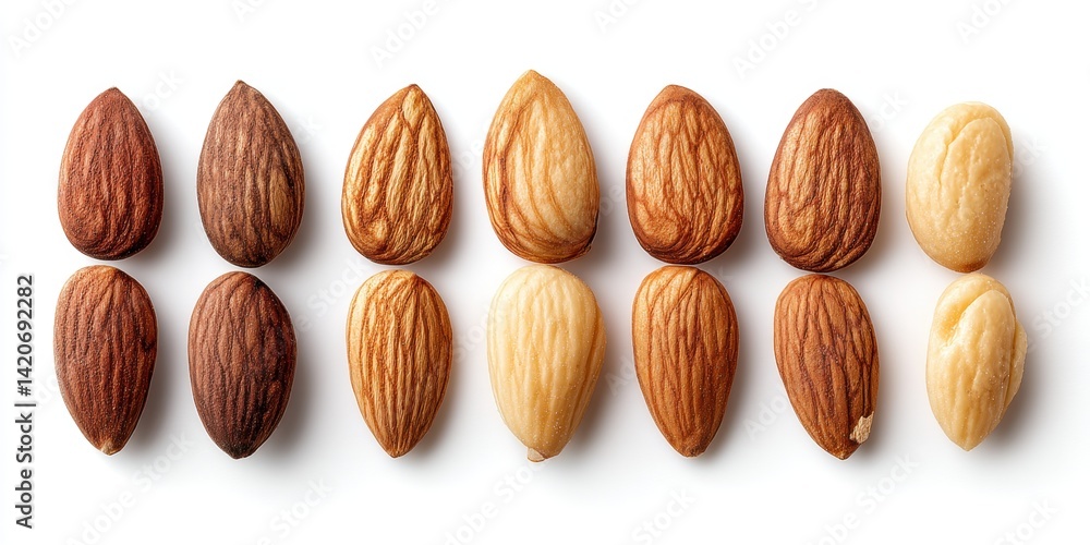 Close-up of assorted nuts arranged in a row on a clean white surface with soft lighting.