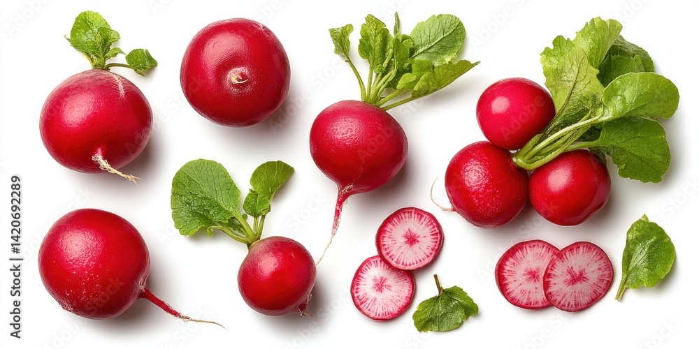 Close-up of fresh red radishes with green leaves and a sliced radish showing the white interior.