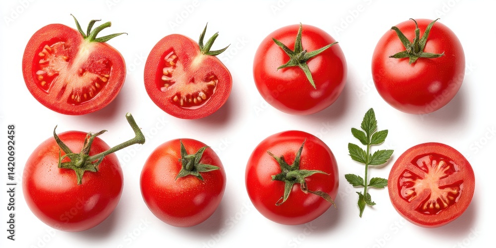 Fresh red tomatoes lined up on a clean white surface with soft natural lighting, ideal for food or health themes. Fresh red tomatoes lined up on a clean white surface with soft natural lighting, ideal for food or health themes.