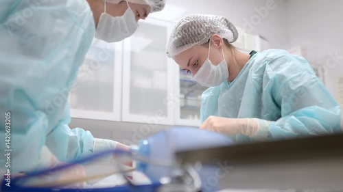 Veterinarians operating on a small dog in an operating room at a veterinary clinic. Veterinarians during treatment for an injury or surgery. Anesthesia and pain relief for animals