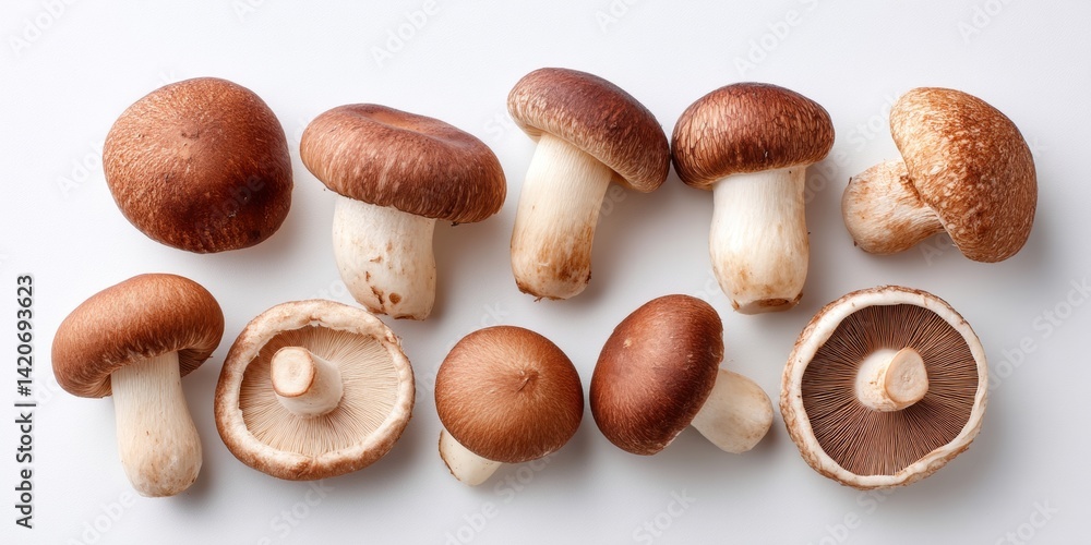 Close-up of assorted mushrooms on a clean white surface with natural lighting, isolated background. Close-up of assorted mushrooms on a clean white surface with natural lighting, isolated background.