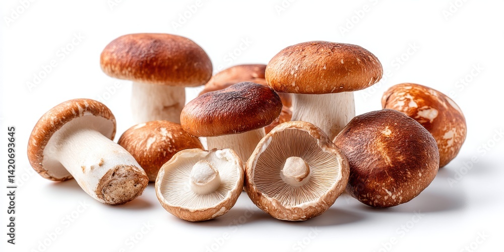 Cluster of closed and one open mushroom on white surface with soft shadows, minimalistic studio lighting.