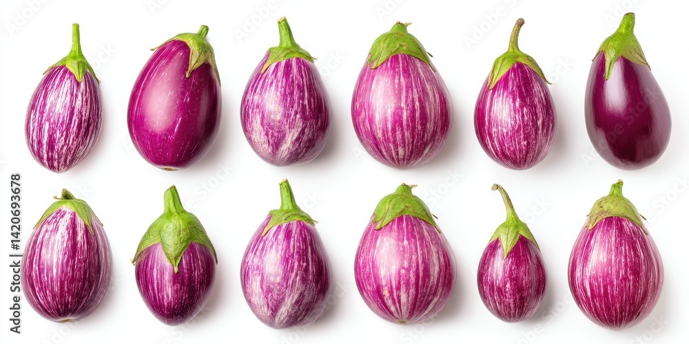 Close-up of fresh purple eggplants arranged on a clean white surface with natural lighting.