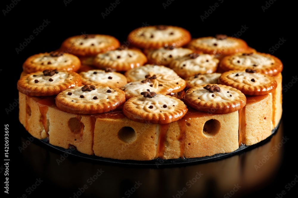 Gourmet pastry with layered biscuits and caramel on a dark background. Gourmet pastry with layered biscuits and caramel on a dark background.