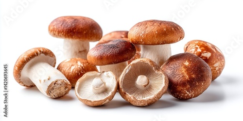 Obraz na płótnie Cluster of closed and one open mushroom on white surface with soft shadows, minimalistic studio lighting. w salonie